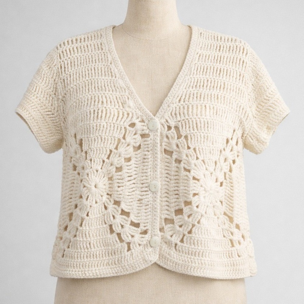 Handmade Crochet Button Cardigan Cream Size M‎ Open Knit Festival Cottagecore